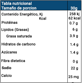 Tabla Nutricional Crema Acidificada